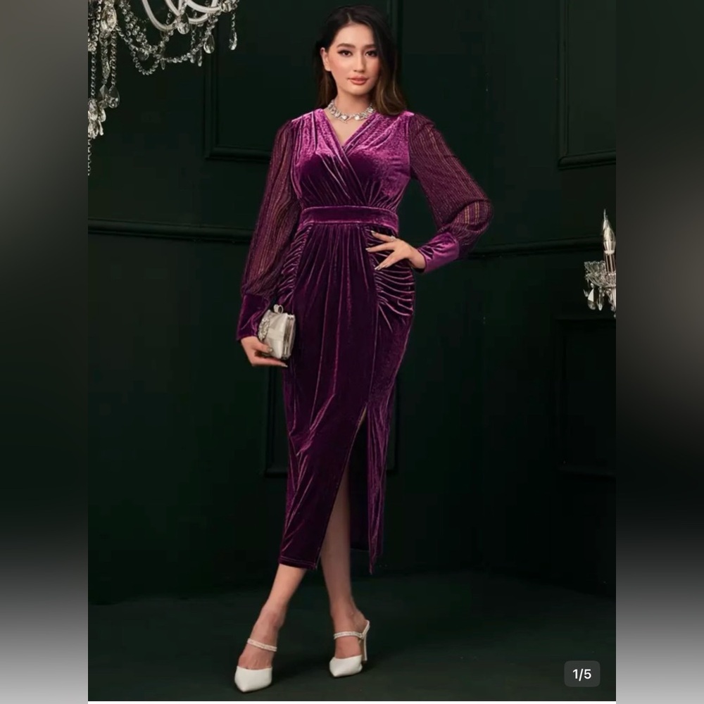 Plum Velvet Midi Dress | Ruched | Sheer Sleeve | XL